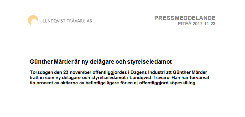 Pressmeddelande - Günther Mårder har köpt in sig i Lundqvist Trävaru AB