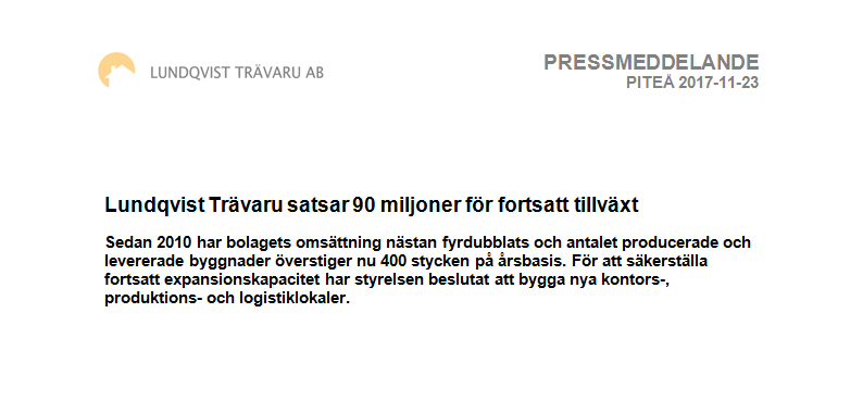 Pressmeddelande - Lundqvist Trävaru AB investerar 90 miljoner